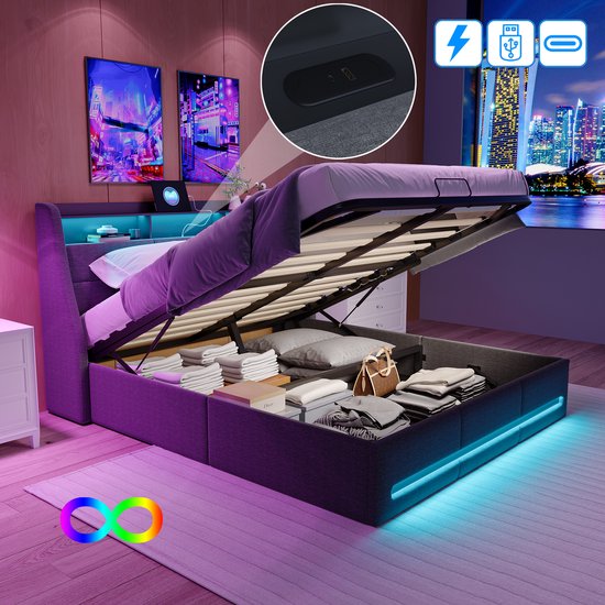 Opbergbed 140x200 cm met hydraulische functie , LED-Verlichting & USB-oplader – Modern Tweepersoonsbed met Opbergruimte, Grijs