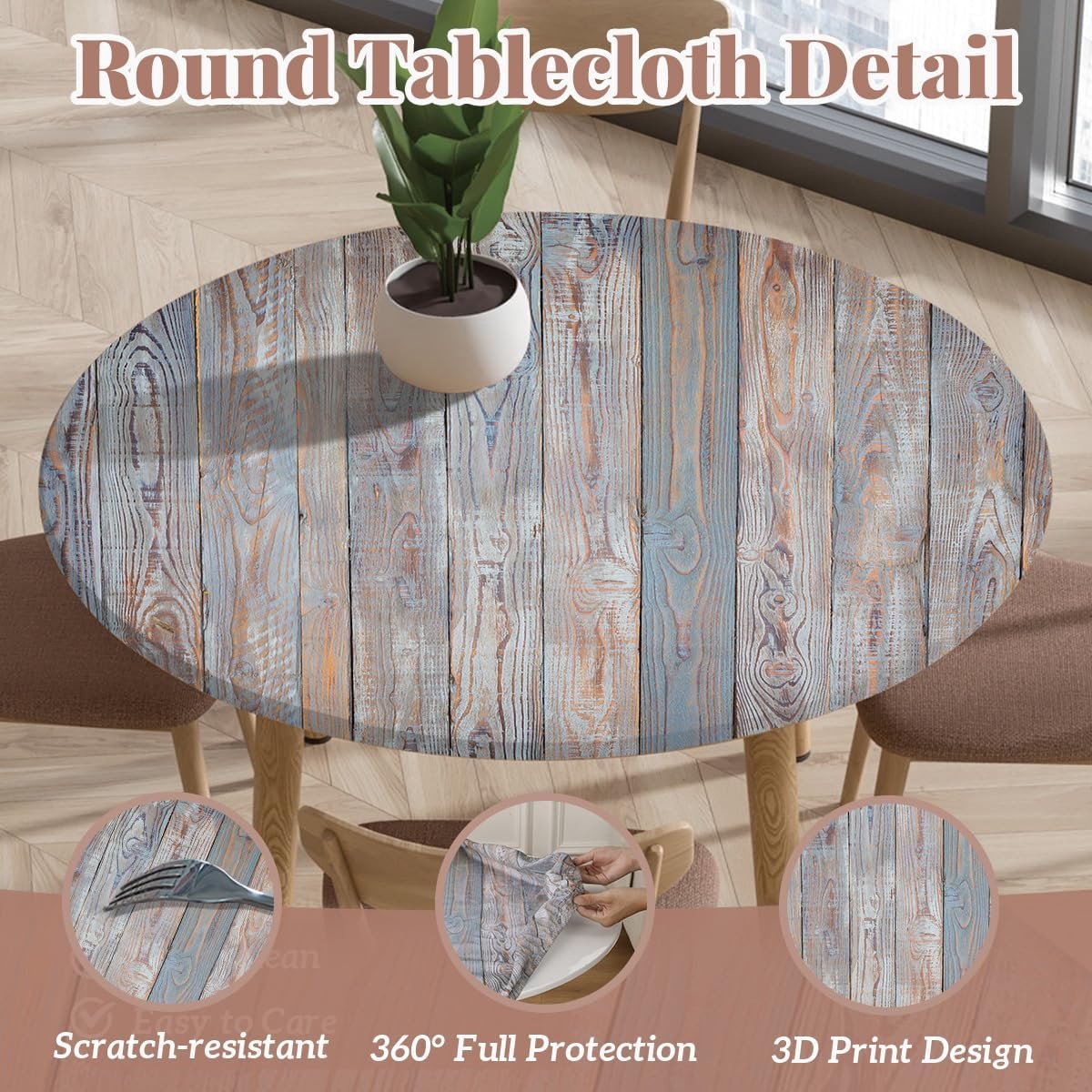 Tafelkleed met elastische rand, ronde vorm, gevouwen 3D geprint, afwasbaar rond tafelkleed voor binnen en buiten, afwasbaar, voor keuken, eetkamer, picknicktafels, 120 cm, blauwe graffiti