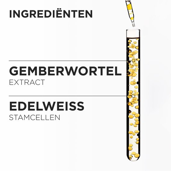 Éprouvette avec des gouttes jaunes, avec le texte « Extrait de gingembre » et « Cellules souches d'edelweiss ».