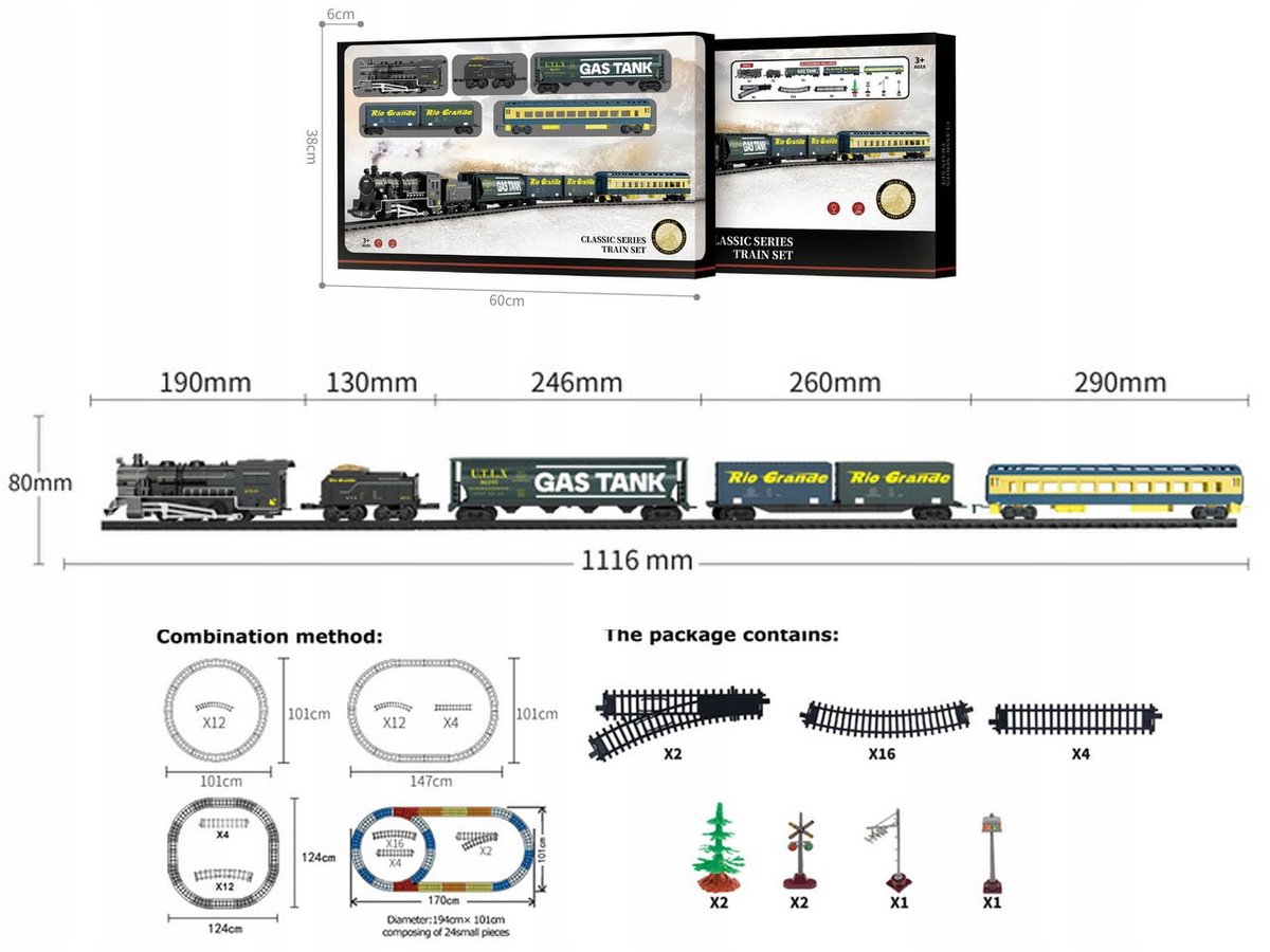 Elektrische treinset met wagons, rails en lichteffecten