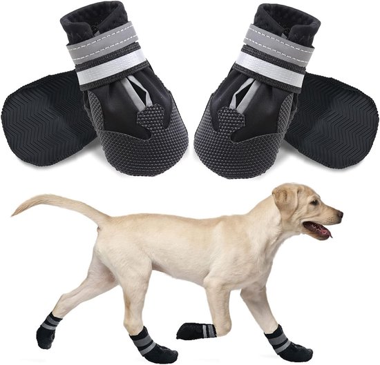 Chaussures noires pour chien avec bandes réfléchissantes et semelle en caoutchouc. Un labrador en porte quatre.