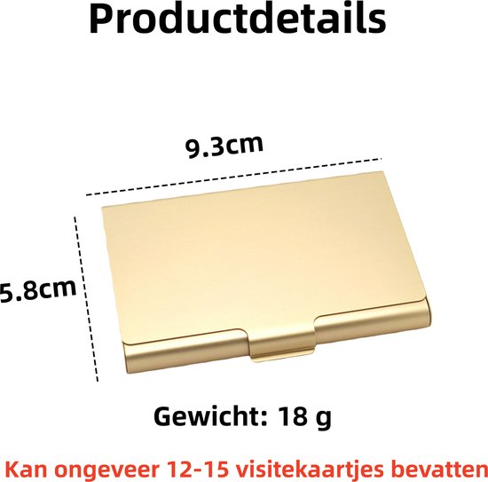 Gouden visitekaarthouder met afmetingen 9.3cm bij 5.8cm en gewicht 18g.