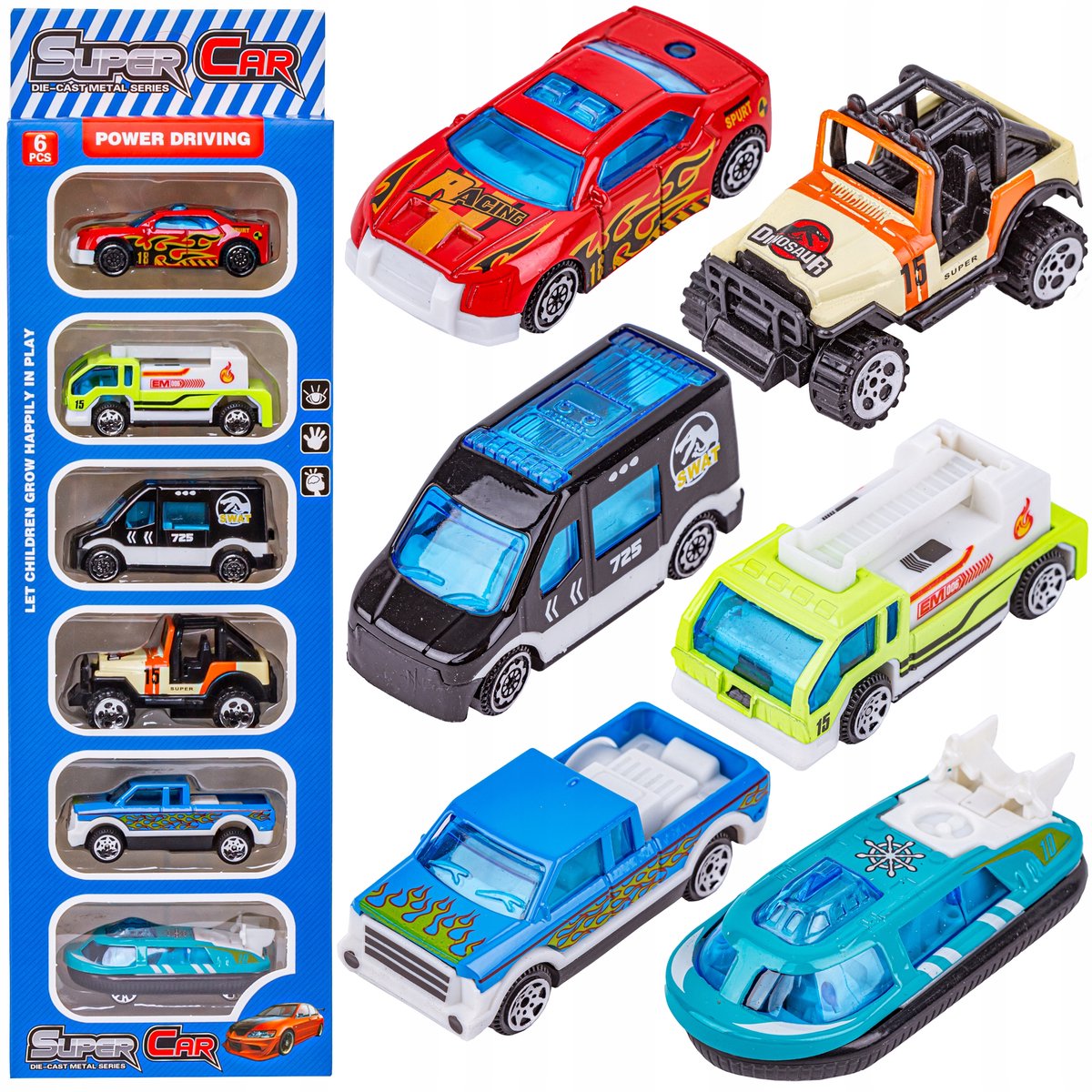 6-delige Set Speelgoedauto's: Jeep, Hovercraft & Meer