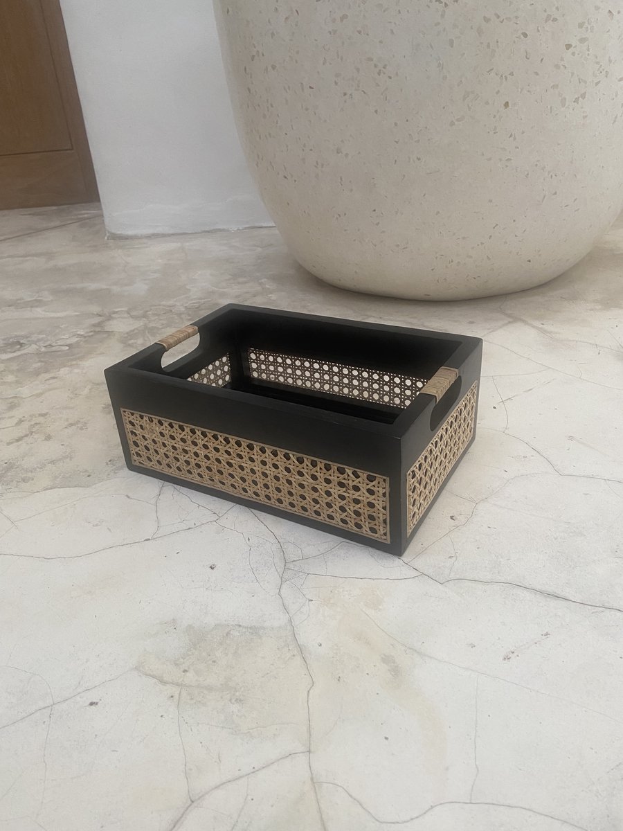 Teakhouten opbergdoos met rotan webbing zwart