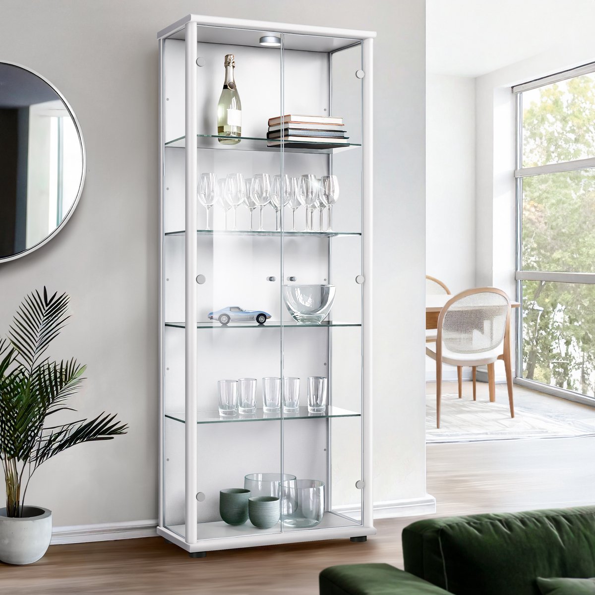 K-Möbel Vitrinekast met glas staand met 2 deuren, 4 in hoogte verstelbare glasplanken - Vitrinekast met led verlichting - 176x67x33 cm - Wit