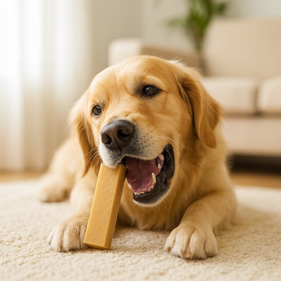 Golden retriever met een bot in zijn bek, liggend op een kleed.