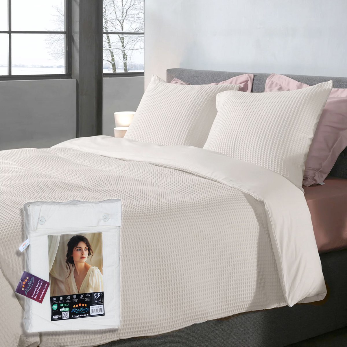 Wafel Dekbedovertrek – LitaLente Crème – 100% Katoen – 240x220 cm – Luxe & Ademend – Inclusief 2 Kussenslopen 60x70 cm – Hotelkwaliteit – Krimpvrij & Duurzaam – Geschikt voor Dekbed 240x220 cm