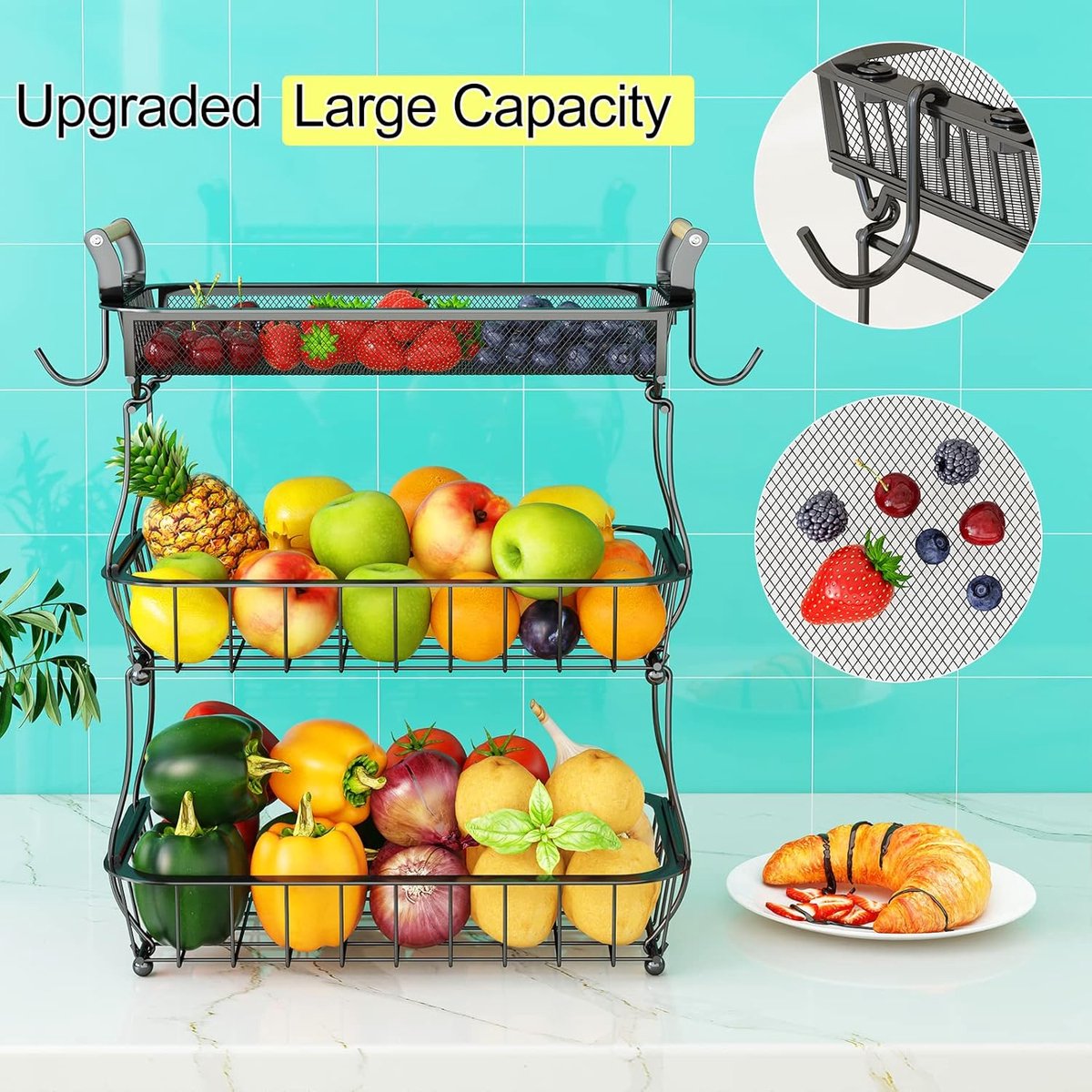 Candala Fruitmand, fruitschaal met 3 niveaus en 2 bananenhangers, keukenaanrecht, groenteaanhouder, grote metalen kommen, perfect voor het bewaren van fruit, groenten, snacks, cupcakes, zwart