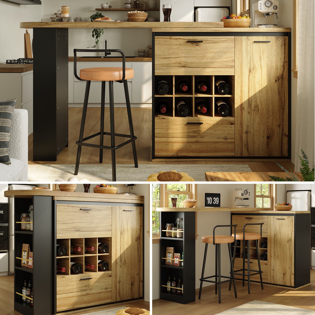 Merax Uitschuifbare Eettafel (138-220x39x105 cm) - Keukentafel / Bartafel met Houtnerf Blad - Voor Keuken en Woonkamer Natuurlijk