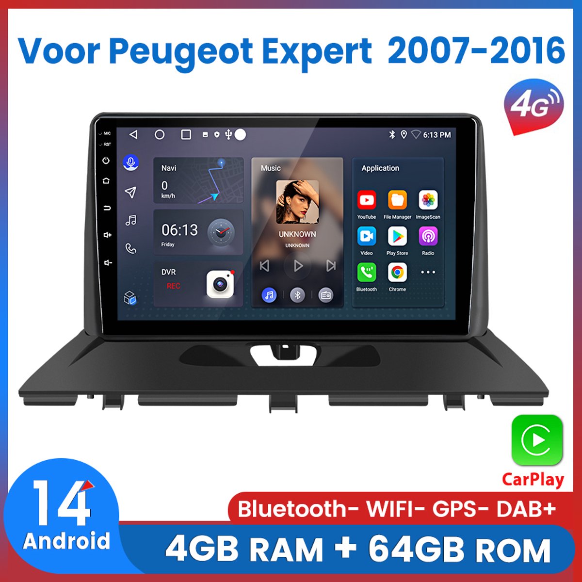 Awesafe 8-Core 4+64GB Autoradio - Geschikt Voor Peugeot Expert 2007 t/m 2016 - Draadloze Carplay Android Auto - Touchscreen - GPS Navigatie 4G WiFi - Bluetooth Radio - 2007 2008 2009 2010 2011 2012 2013 2014 2015 2016