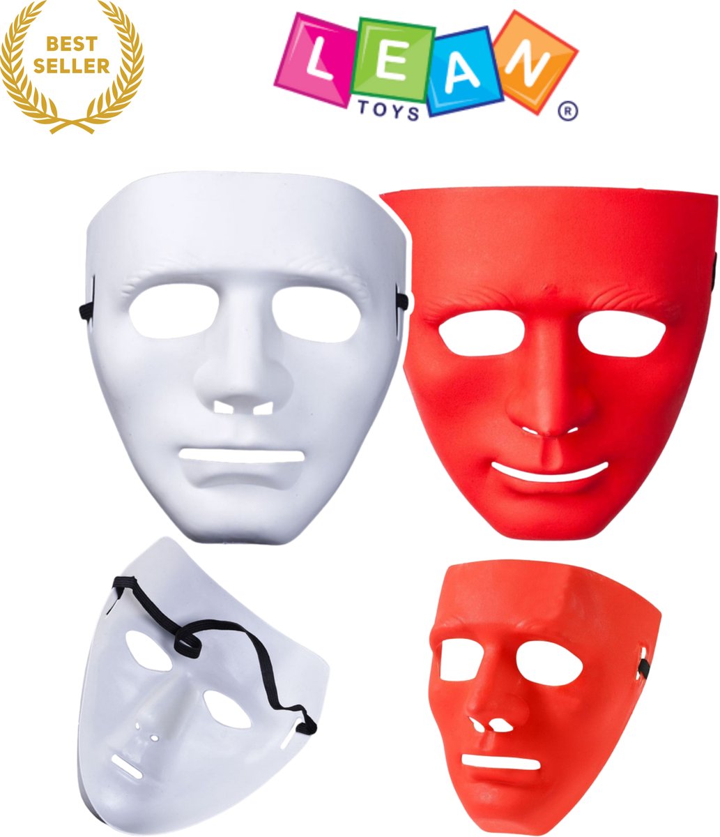 Carnaval Anonymous Masker – Wit of Rood – Verkleedmasker met Elastiek – Lichtgewicht Kunststof Masker voor Halloween, Feest, Theater of DIY Decoratie – Universele Maat voor Kind & Volwassene – Met Ebook