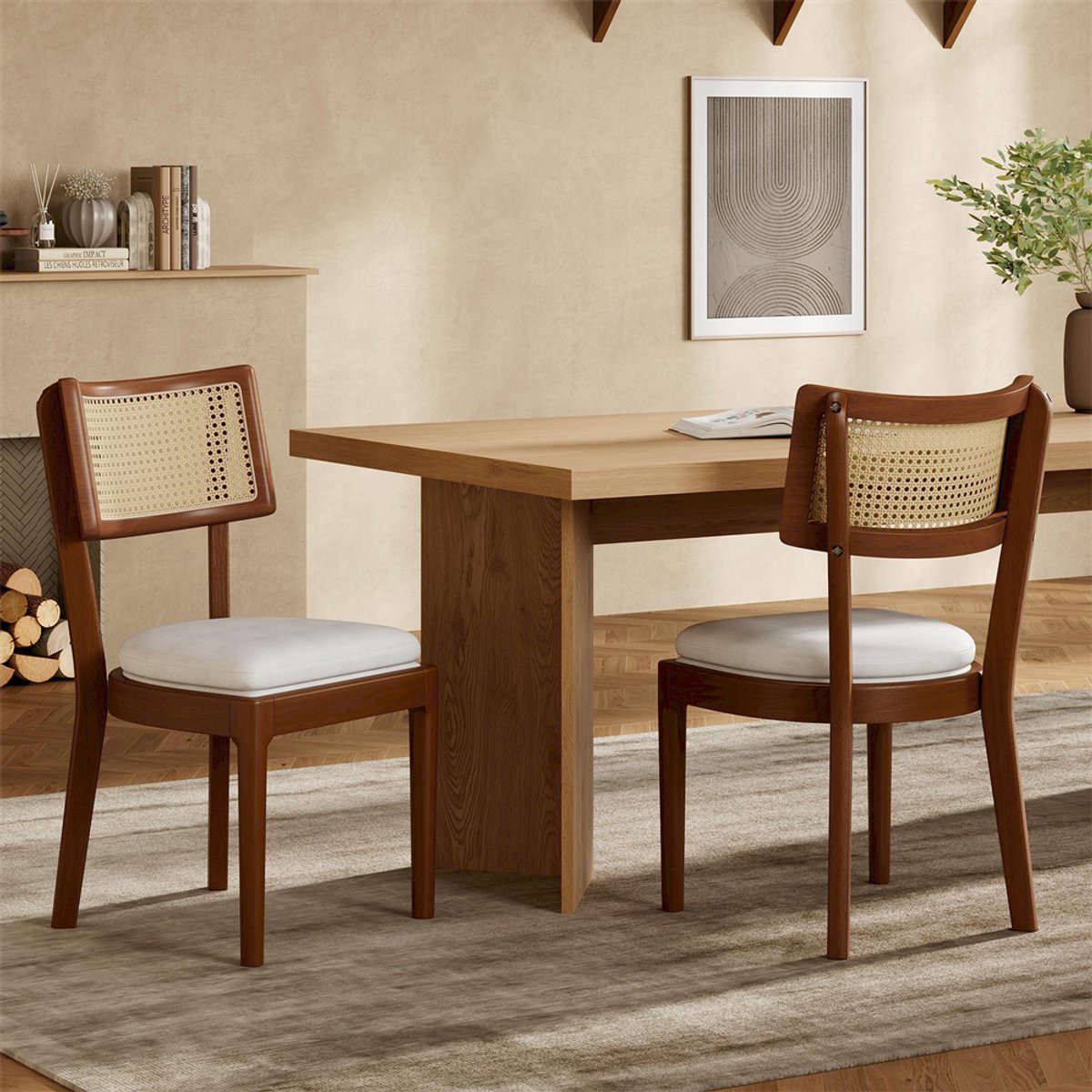 YEHTOKHOME Set van 2 Eetkamerstoelen - Gestoffeerde Keukenstoelen met massief hout poten - Rotan rugleuningen - Fluweel zitting - Ergonomische eettafelstoelen - Moderne stijl - Walnootkleur