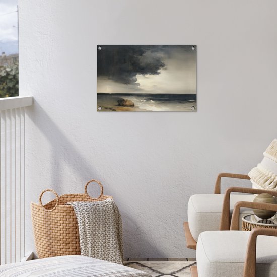 Tuinposter 60x40 cm - Tuindecoratie Kust - Golven - Rots - Storm - Poster voor in de tuin - Buiten decoratie - Schutting tuinschilderij - Tuindoek muurdecoratie - Wanddecoratie balkondoek
