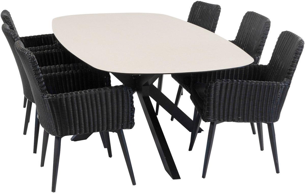 7-delige tuinset | 6 Pisa tuinstoelen (Black) | Tuintafel Malaga 240x115cm (Black)