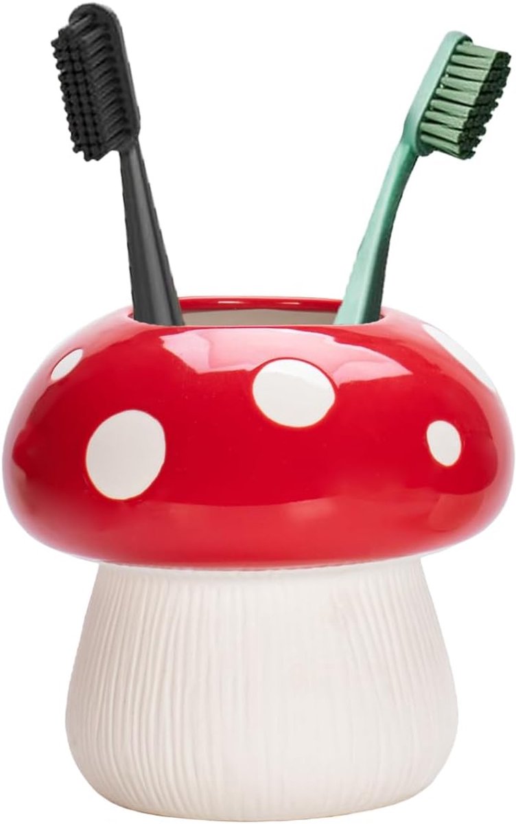 Tandenborstelhouder Paddestoel - Schattige Opberger - Badkamer Organisatie - Keramiek Materiaal - 12cm Hoog - Rood