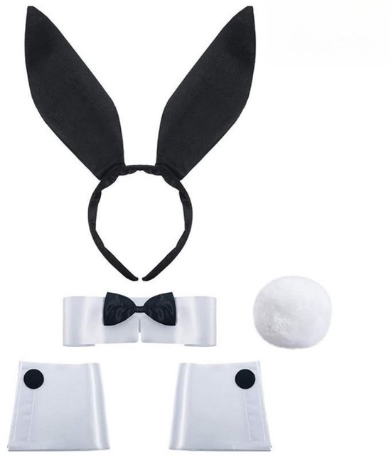 Set van konijnenkostuumaccessoires: zwarte oren, witte kraag met zwart strikje, twee manchetten met zwarte knopen en een witte pluizige staart.
