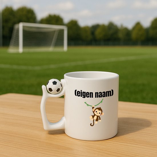 Hacebo® - kleine aap met eigen naam koffiebeker met voetbal wit - Aap - apen liefhebbers - thee mok - koffie beker - iemand die houdt van apen - verjaardag - cadeau - kado - koffiemok - 330 ML