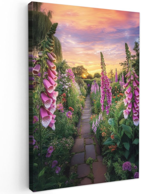 Tuinschilderij voor buiten 40x60 cm - Tuindecoratie Vingerhoedskruid - Bloemen - Tuin - Tuinposter op canvas - Tuin muurdecoratie - Buitenschilderij decoratie - Schutting wanddecoratie - Buitencanvas