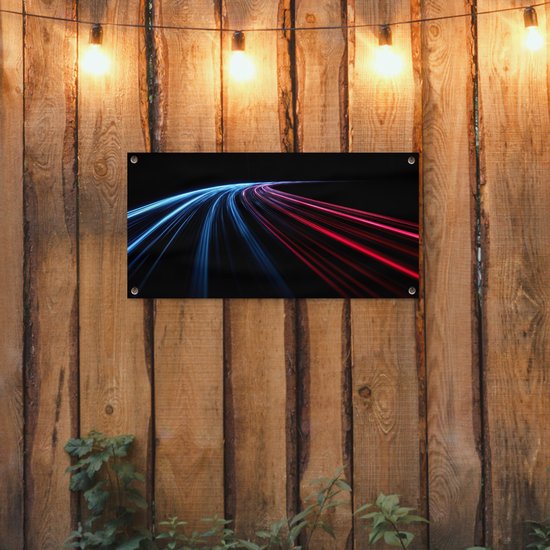 Tuinposter 80x40 cm - Tuindecoratie Gaming - Strepen - Gebogen - Blauw - Poster voor in de tuin - Buiten decoratie - Schutting tuinschilderij - Tuindoek muurdecoratie - Wanddecoratie balkondoek