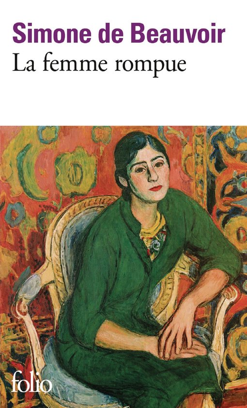 Simone de Beauvoir: La femme rompue, boekcover met schilderij van zittende vrouw in groene jurk voor kleurrijke achtergrond.