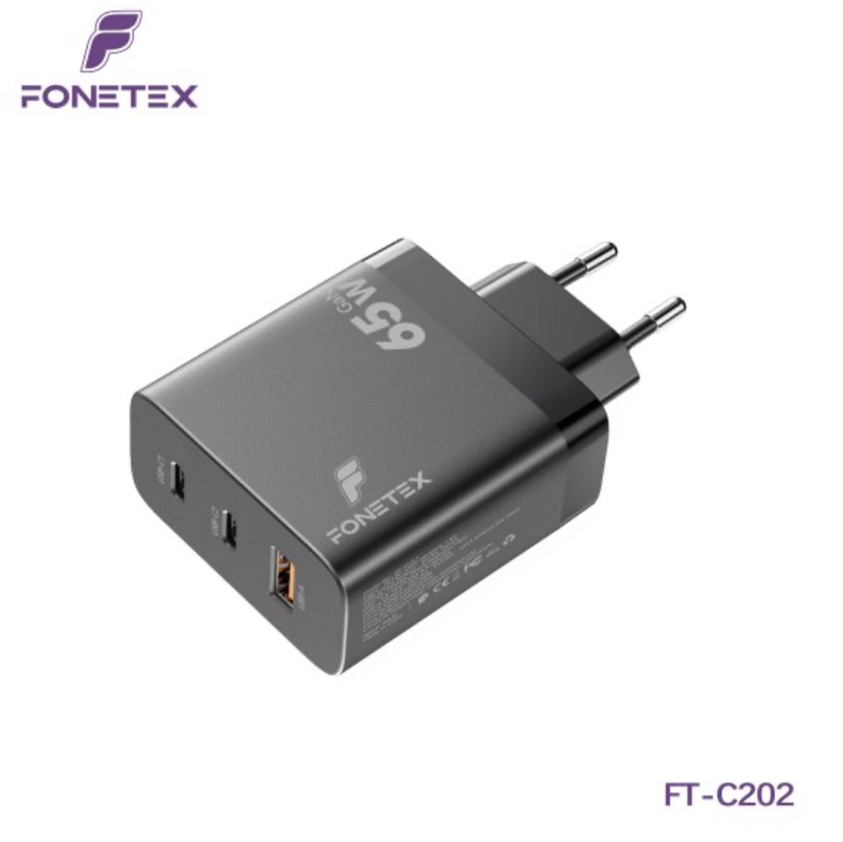 FoneTex 65W GaN 3 In 1 Snellader - 2x USB-C PD Fast Charge - 1x USB-A Fast Charge 3.0 - Geschikt Voor iPhone/iPad - Samsung - Google - Huawei - Oppo