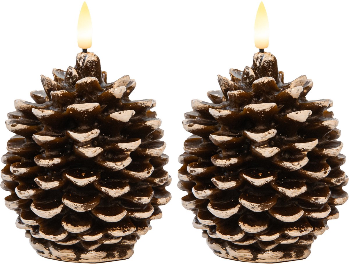 Anna's Collection LED dennenappel kaars - 2x - bruin - 10 x 8.5 cm - met timer