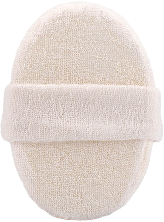 Ovale witte douche spons van badstof met een band van dezelfde stof.