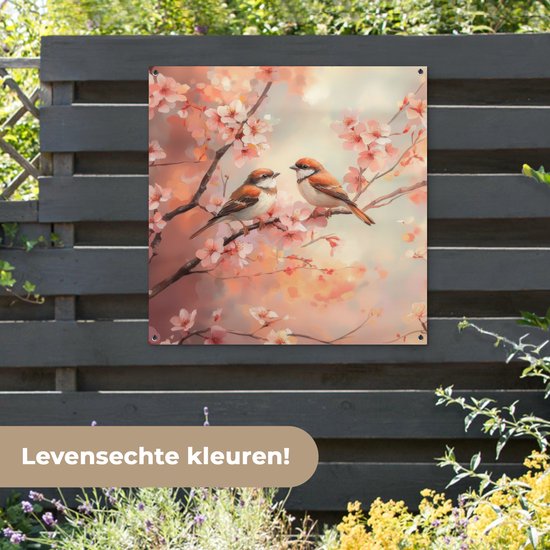 Affiche de jardin 100x100 cm - Décoration de jardin Vogels - Romantique - Branche fleurie - Affiche pour le jardin - Décoration extérieure - Tableau de jardin clôture - Décoration murale sur toile de jardin - Décoration murale sur toile de balcon