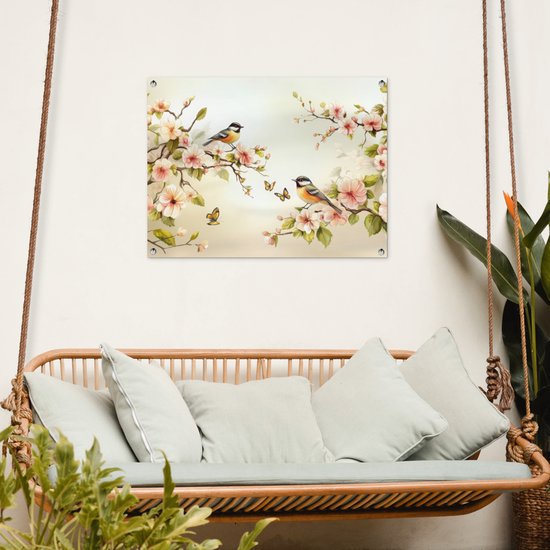 Affiche de jardin 80x60 cm - Décoration de jardin Branches - Fleurs - Oiseaux - Rose - Affiche pour le jardin - Décoration extérieure - Tableau de jardin clôture - Décoration murale sur toile de jardin - Décoration murale sur toile de balcon
