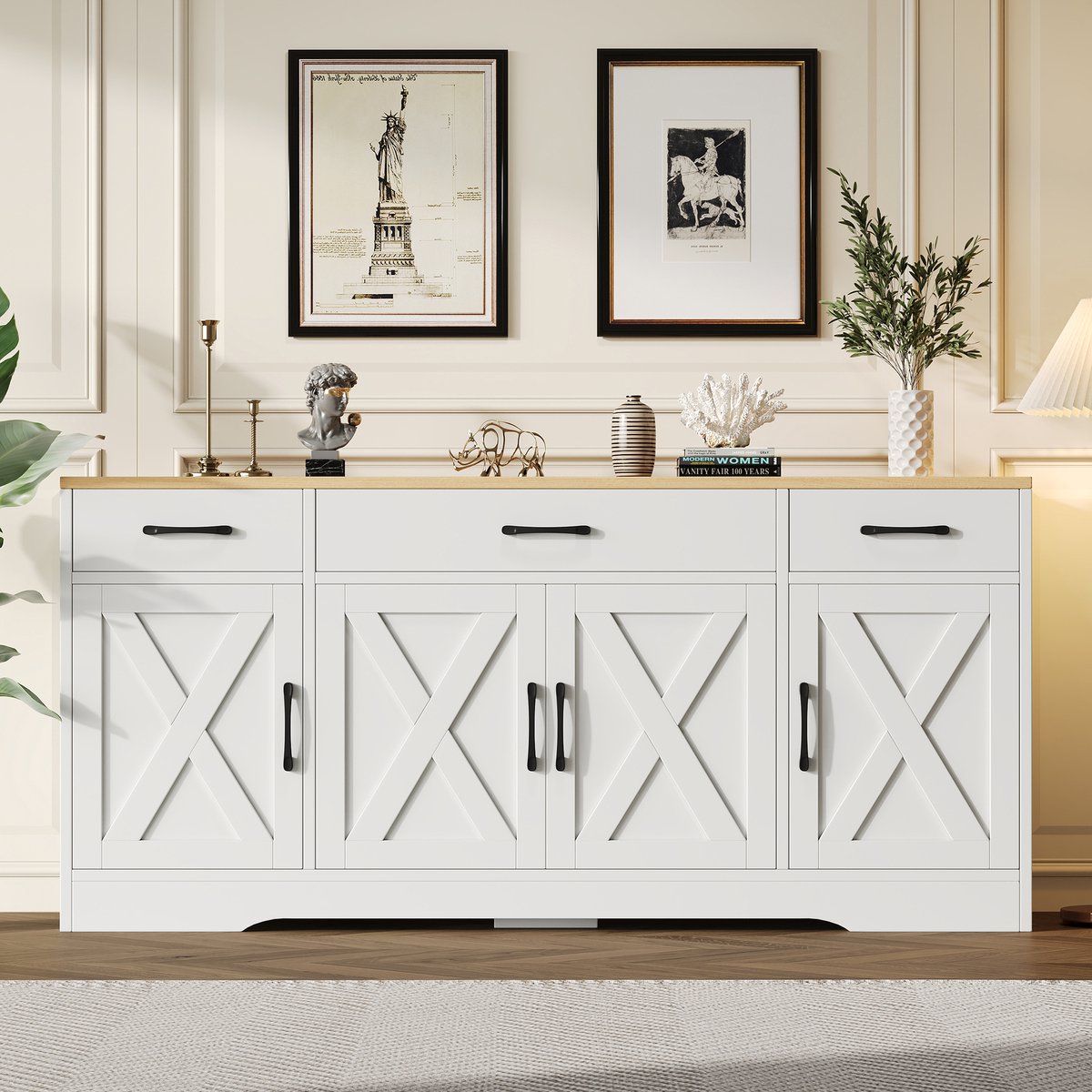 Pugsdrly Moderne witte dressoir, multifunctionele kast van hout, woonkamer-eetkamerkast, witte dressoir met decoratie
