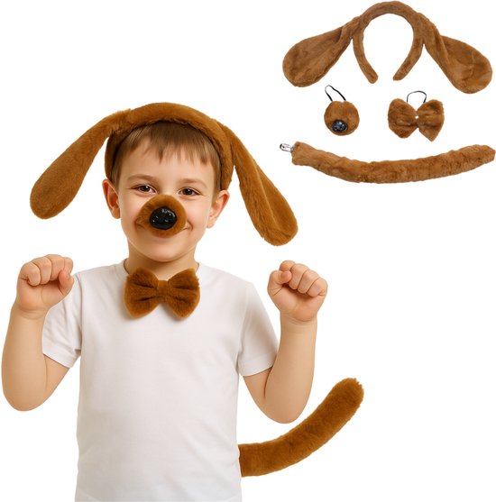 Joya Kids® Hond Bruin Verkleed Accessoires | Verkleedset Honden | Meisjes en Jongens en Volwassenen Verkleedpak Puppy | Carnaval en Halloween Outfit kinderen en Volwassen | Haarband met Oren, Neus, Staart en Strik | Bruin