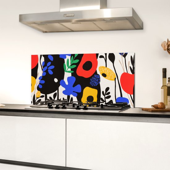 Spatscherm keuken 70x30 cm - Kookplaat achterwand Bloemen - Bladeren - Abstract - Zwart - Muurbeschermer - Spatwand fornuis - Hoogwaardig aluminium