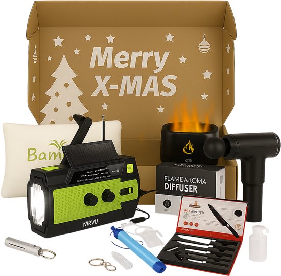 Kerstpakket - Excellence 2 - Noodradio 4000 mah - Noodfluit - Massagegun - Bamboo Kussen - Aroma Diffuser - Waterfilterset - Messenset - Kerst Pakket