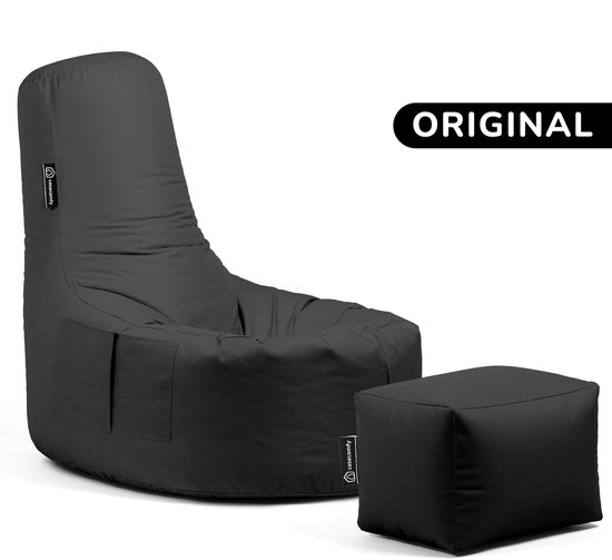 Casacomfy, Gamer Original, Pouf Binnenshuis Extérieur Résistant à l'eau, Pouf avec Design + Repose-Pieds, Zwart, Adultes et Enfants