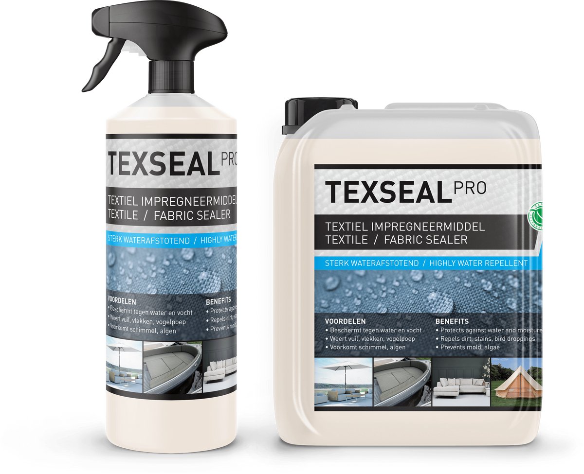Impregneerspray Meubelstof - #1 Nano Coating - Textiel Impregneermiddel Meubelstof, Tent, Bootkap, Cabrio, Zonnescherm, Parasol - Waterafstotende Spray - 100% Waterproof Anti Regen - Combideal: Texseal Pro 2,5L + 1L (±21m2)