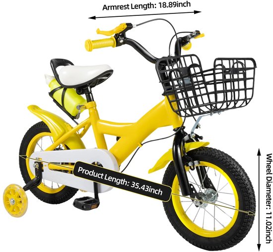 Kinderfiets - 12 inch - Met Zijwieltjes - Met Mandje - Met Fleshouder - Koolstofstaal Frame Voor Stabiliteit - Geel van Merkloos — afbeelding 3