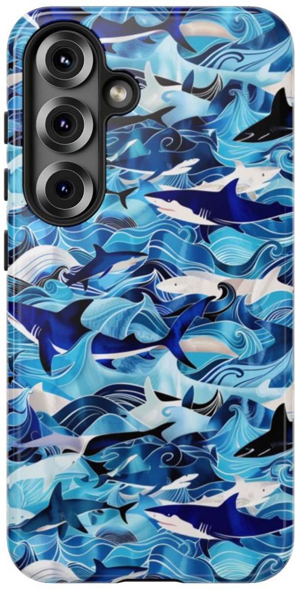 Blauwe Oceaangolven en Haaienpatroon – Telefoonhoesje Geschikt voor Samsung Galaxy S25