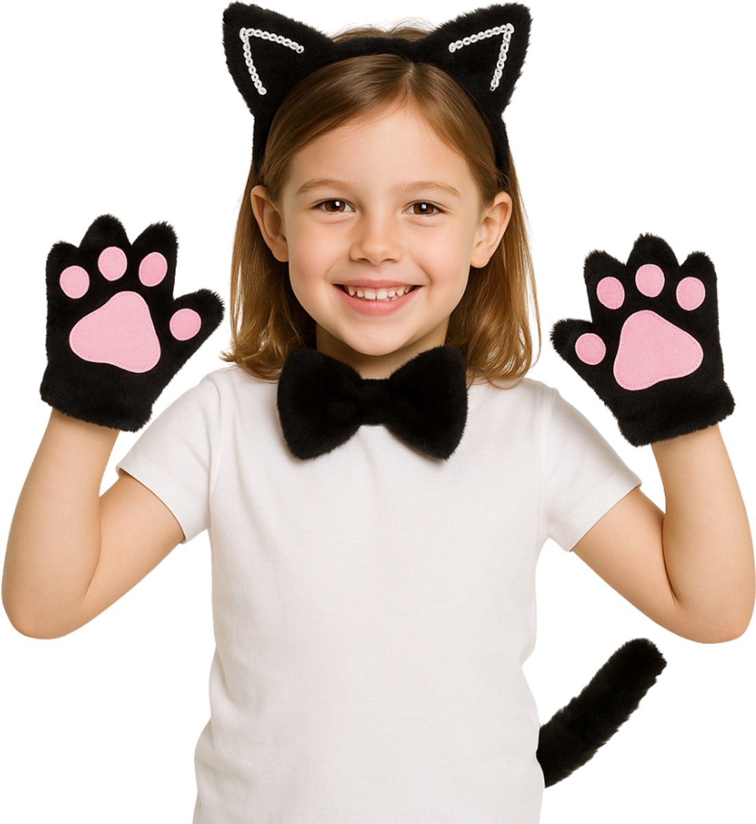 Joya Kids® Kat Zwart Verkleed Accessoires | Verkleedset Katten | Meisjes en Jongens en Volwassenen Verkleedpak Kitten | Carnaval en Halloween Outfit kinderen en volwassen | Haarband met Oren, Staart, Pootjes en Strik | Zwart — afbeelding 11