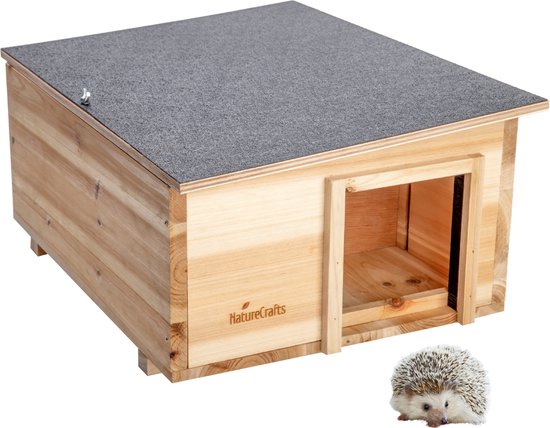 NatureCrafts Egelhuis - Waterdichte 1.5cm Stevige Wanden met Transparante Beits - Op Pootjes tegen Grondvocht - Ventilatie & Verstelbaar Labyrint Winterhuis - 45x34x20cm - Premium Egelhuisje - FSC 100%