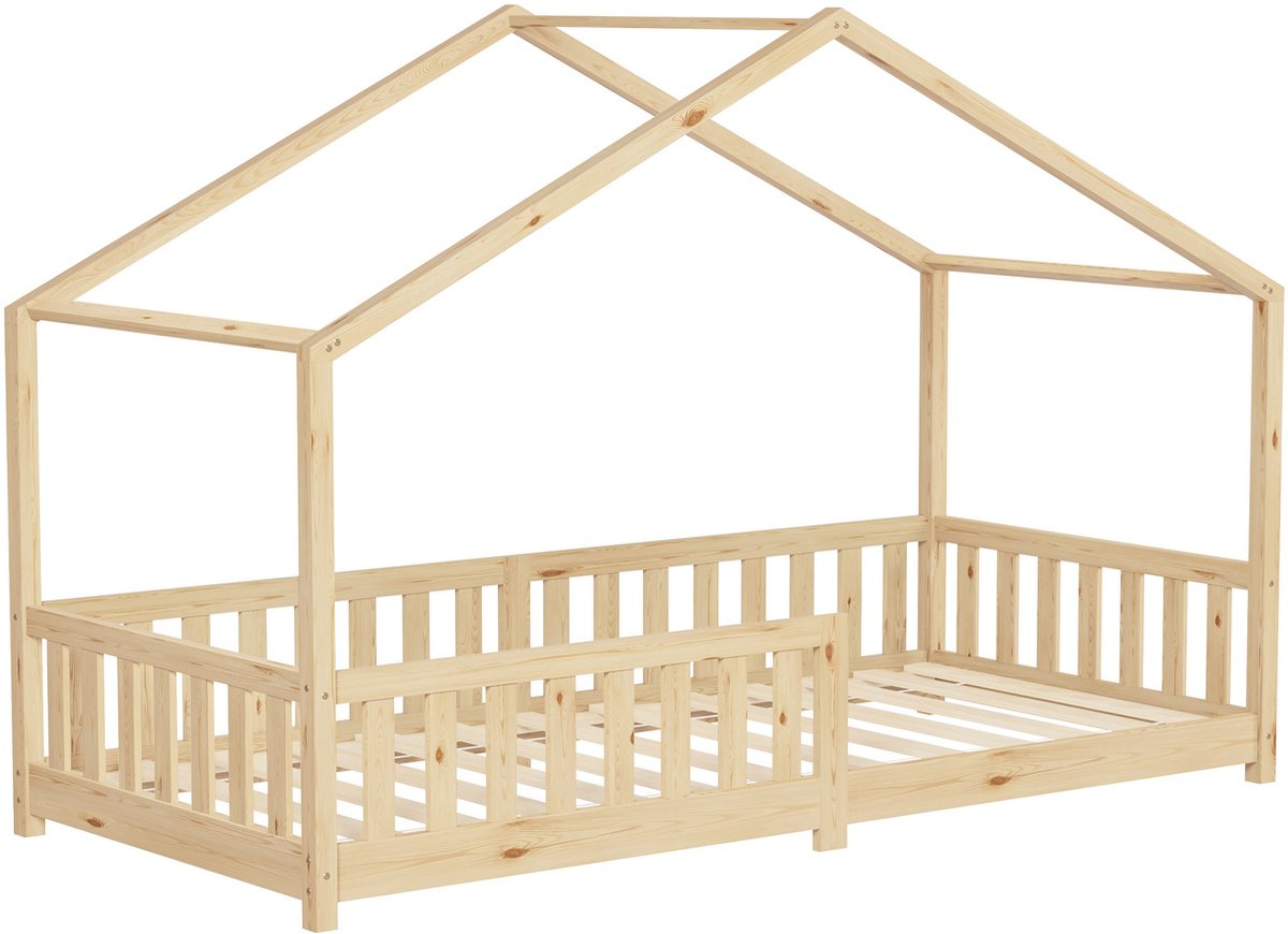 ml-design kinderbed huisbed 90x200 cm naturel massief grenenhouten bed met dak lattenbodem en uitvalbescherming Montessori vloerbed speelbed juniorbed houten bedframe huisbed voor kinderen meisjes jongens kinderkamer jeugdbed stabiel veilig Beige