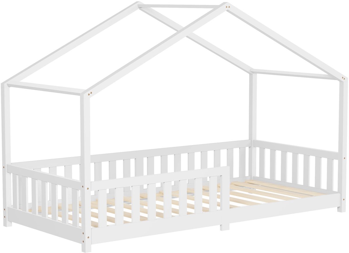 ml-design kinderbed huisbed 90x200 cm wit massief grenenhouten bed met dak lattenbodem en uitvalbescherming Montessori vloerbed speelbed juniorbed houten bedframe huisbed voor kinderen meisjes jongens kinderkamer jeugdbed stabiel veilig