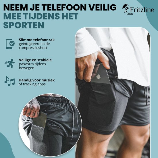 Fritzline® Pantalon de sport 2 en 1 noir taille XL avec poche téléphone - Short de sport confortable - Pantalon de sport homme - Pantalon fitness - Short - Vêtements de sport - Shorts 2 en 1 - Poches téléphone