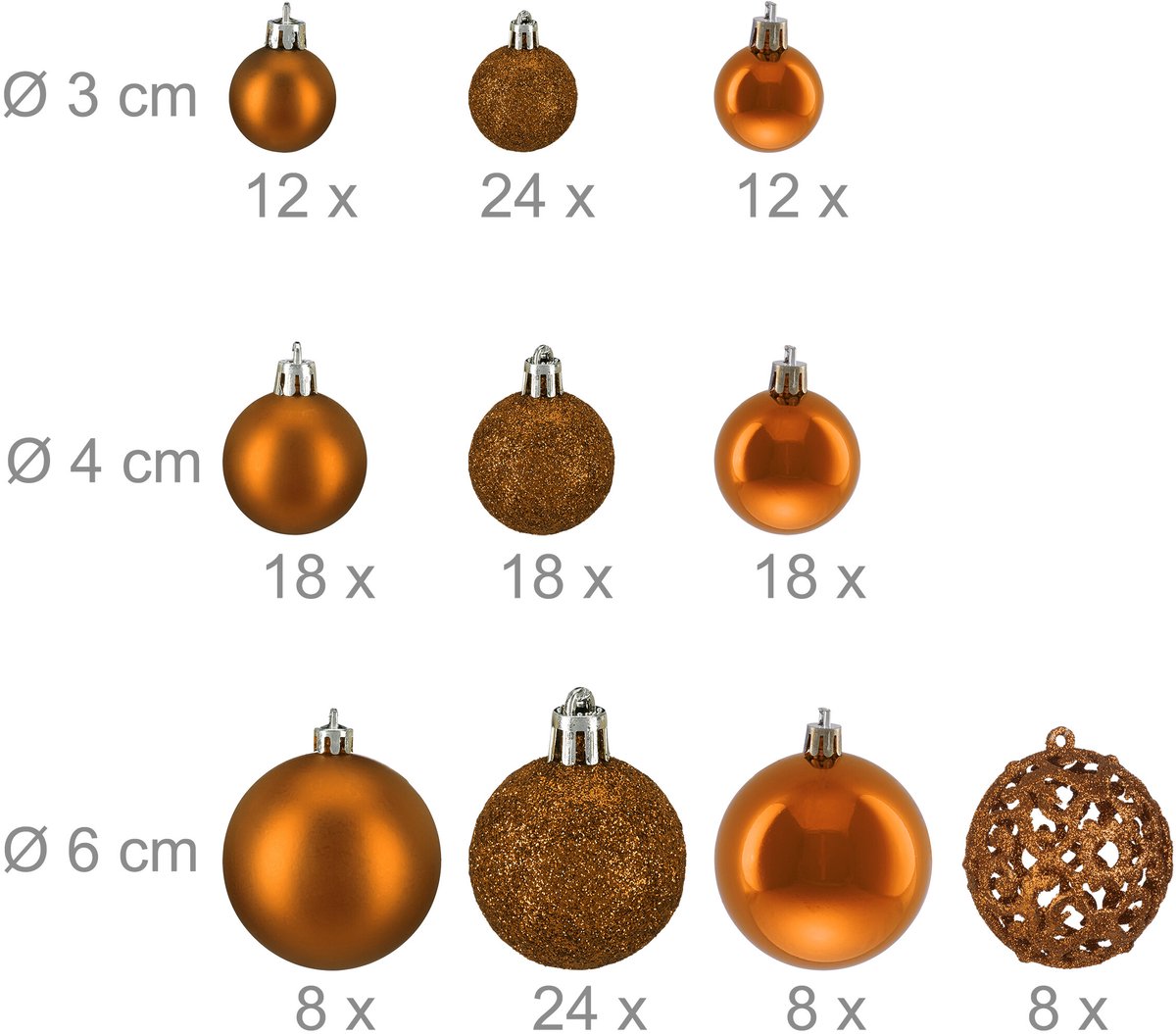 kerstballen - set van 150 - mat - glanzend - glitters - plastic - ∅ 3, 4, 6 cm - oranje – foto 3