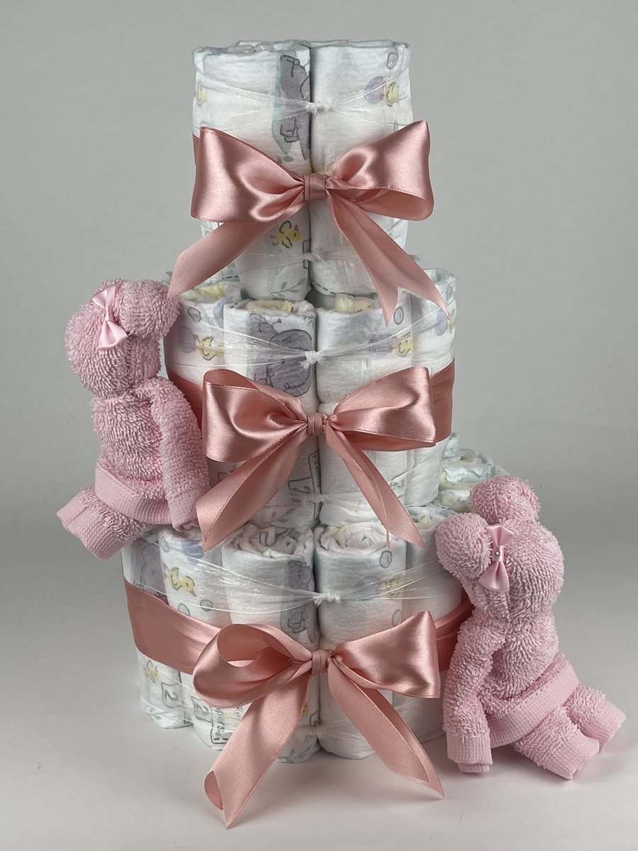 Chouette-Chouette | Luiertaart Meisje | Kraamcadeau | Geboorte Meisje | Babyshower | Beren Roze - donker Poeder Roze