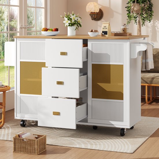 Îlot de cuisine, meuble de cuisine, meuble de cuisine, îlot de cuisine indépendant, buffet, 120 x 73 (45) x 93 cm, desserte de cuisine extensible avec roulettes, porte-serviettes, étagère à épices, étagères réglables, blanc