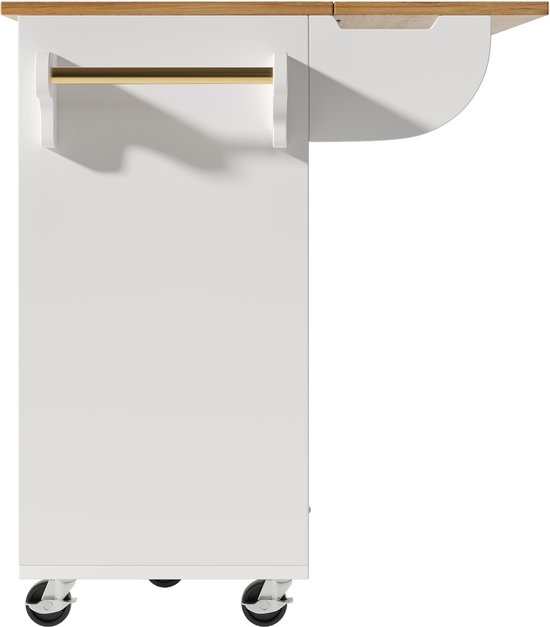 Îlot de cuisine, meuble de cuisine, meuble de cuisine, îlot de cuisine indépendant, buffet, 120 x 73 (45) x 93 cm, desserte de cuisine extensible avec roulettes, porte-serviettes, étagère à épices, étagères réglables, blanc