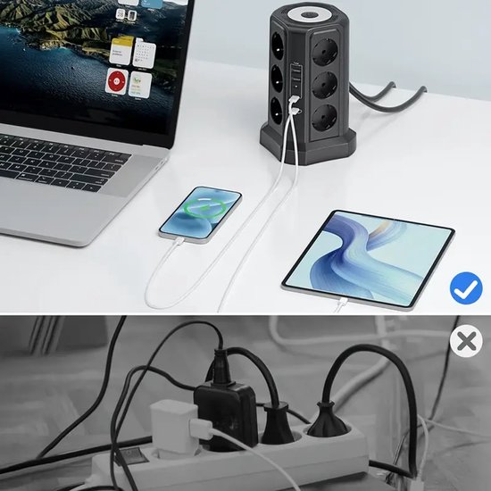 Igoods Verticale Stekkerdoos - Power Socket - PowerCube - Stekkerblok - Verdeelstekker - 6 Stopcontacten 4 USB Poorten - Inclusief Draadloze Telefoonlader - 2500W