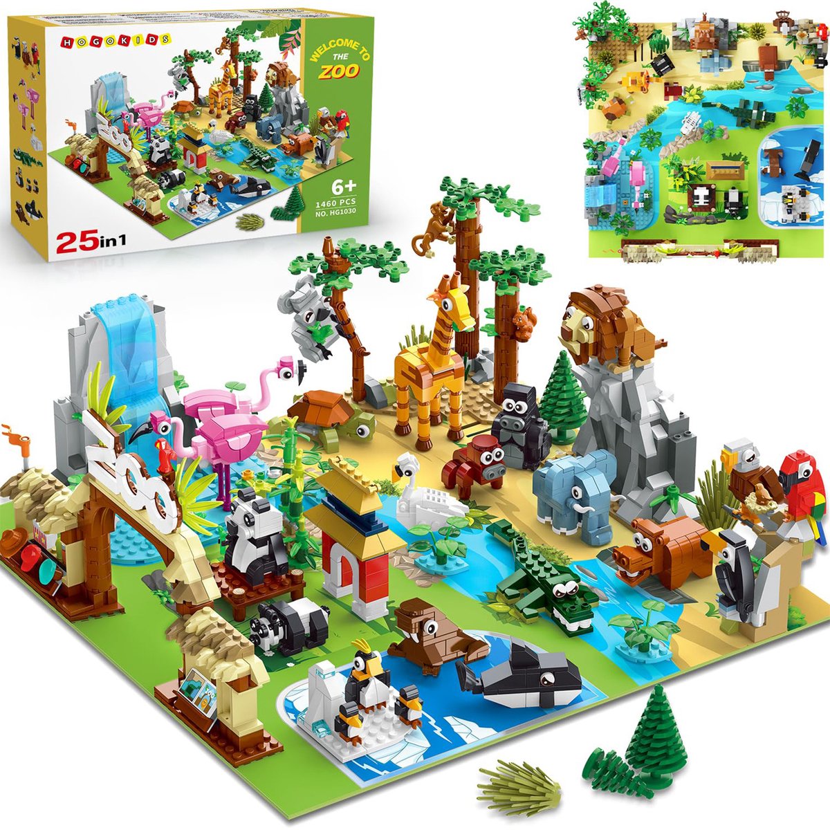 HOGOKIDS Dierentuin Bouwsets - 8 pack & 25 Dieren Scène Bouw Speelgoed - 1460 STUKS speelgoedkist - Educatief Bouwpakket voor kinderen 6 Jaar