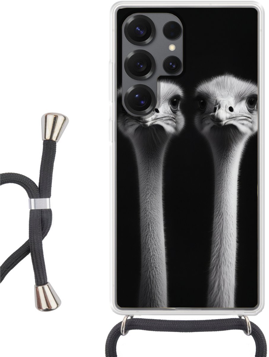 Telefoonhoesje Geschikt voor Samsung Galaxy S25 Ultra - Struisvogels - Halzen - Zwart - Minimalistisch - Siliconen - Crossbody - Backcover met Koord - Telefoonhoesje met koord - Hoesje met touw Telefoonhoesje