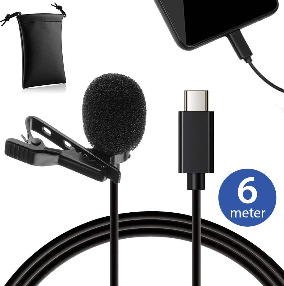 MOJOGEAR Speldmicrofoon Lavalier Microfoon - Met USB-C Aansluiting - 6 Meter Kabel - Voor Smartphone & Tablet - Zwart